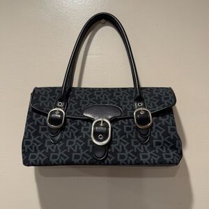 DKNY Black Monogrammed Y2K Canvas Shoulder Handbag Leather Trim